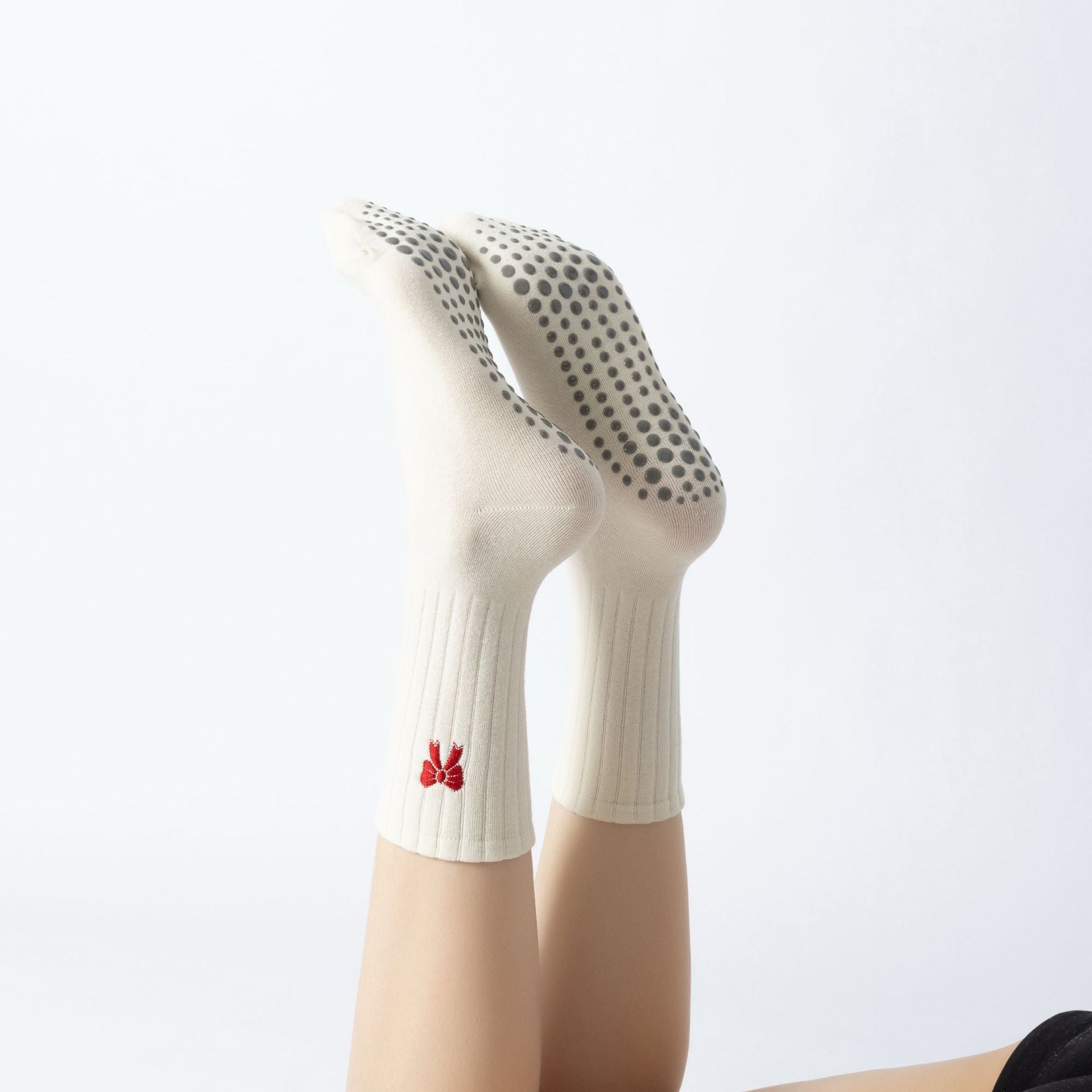 Yogcsde | Women's Red Yoga Calf Socks with Embroidered Stripes, Moisture-Wicking Non-Slip Fitness Socks