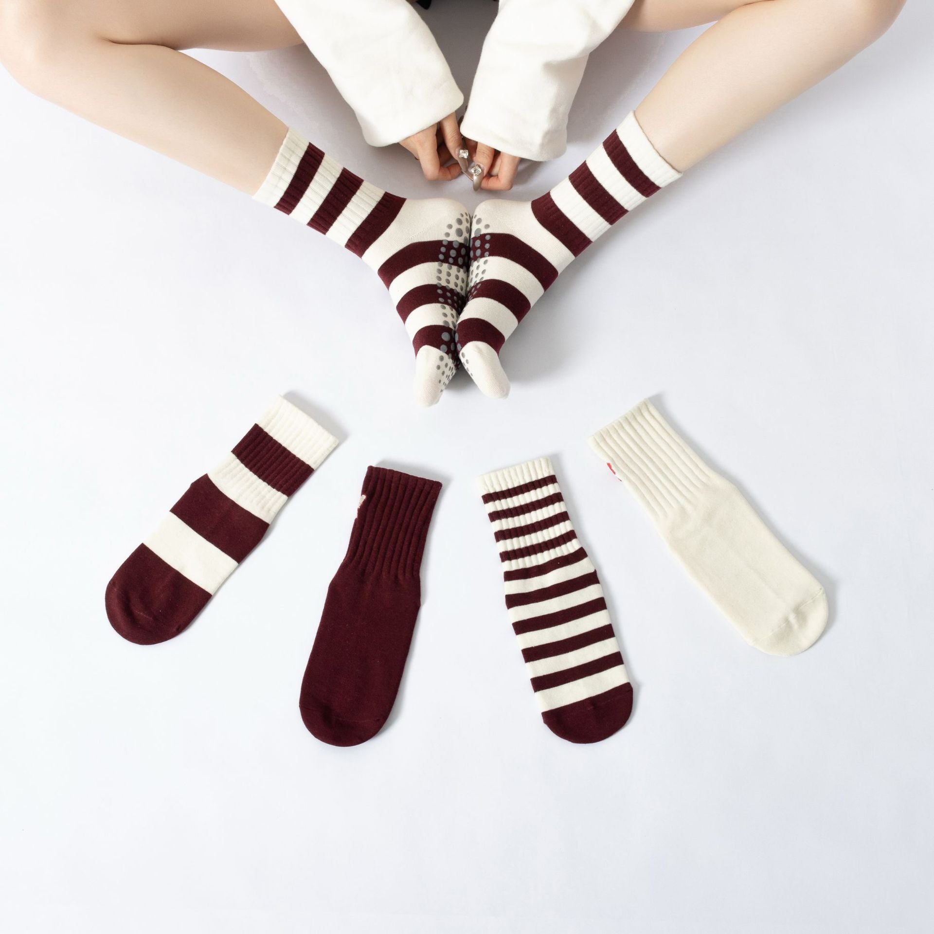 Yogcsde | Women's Red Yoga Calf Socks with Embroidered Stripes, Moisture-Wicking Non-Slip Fitness Socks