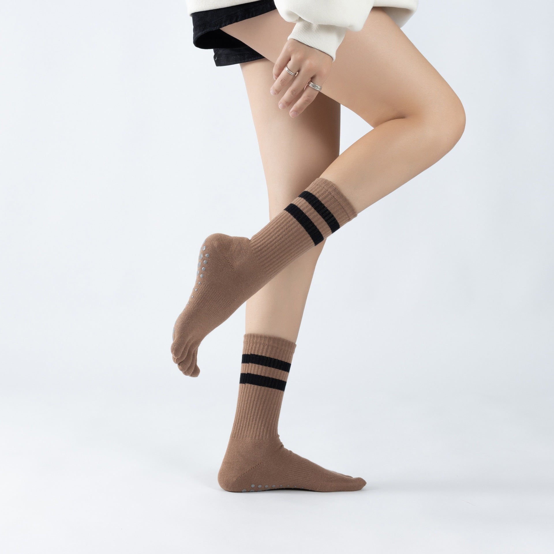Yogcsde | Women's Thick Terry Five-Toe Yoga Socks, Warm Non-Slip Floor Socks with Striped Design